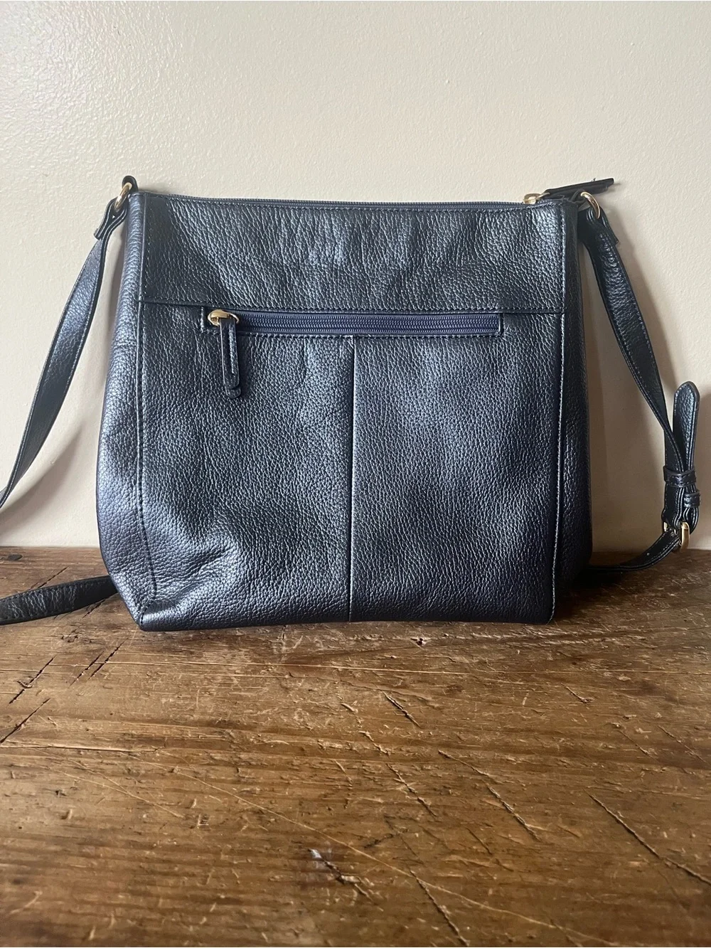 Tignanello Leather Metallic Dark Blue Crossbody with Gold Accents